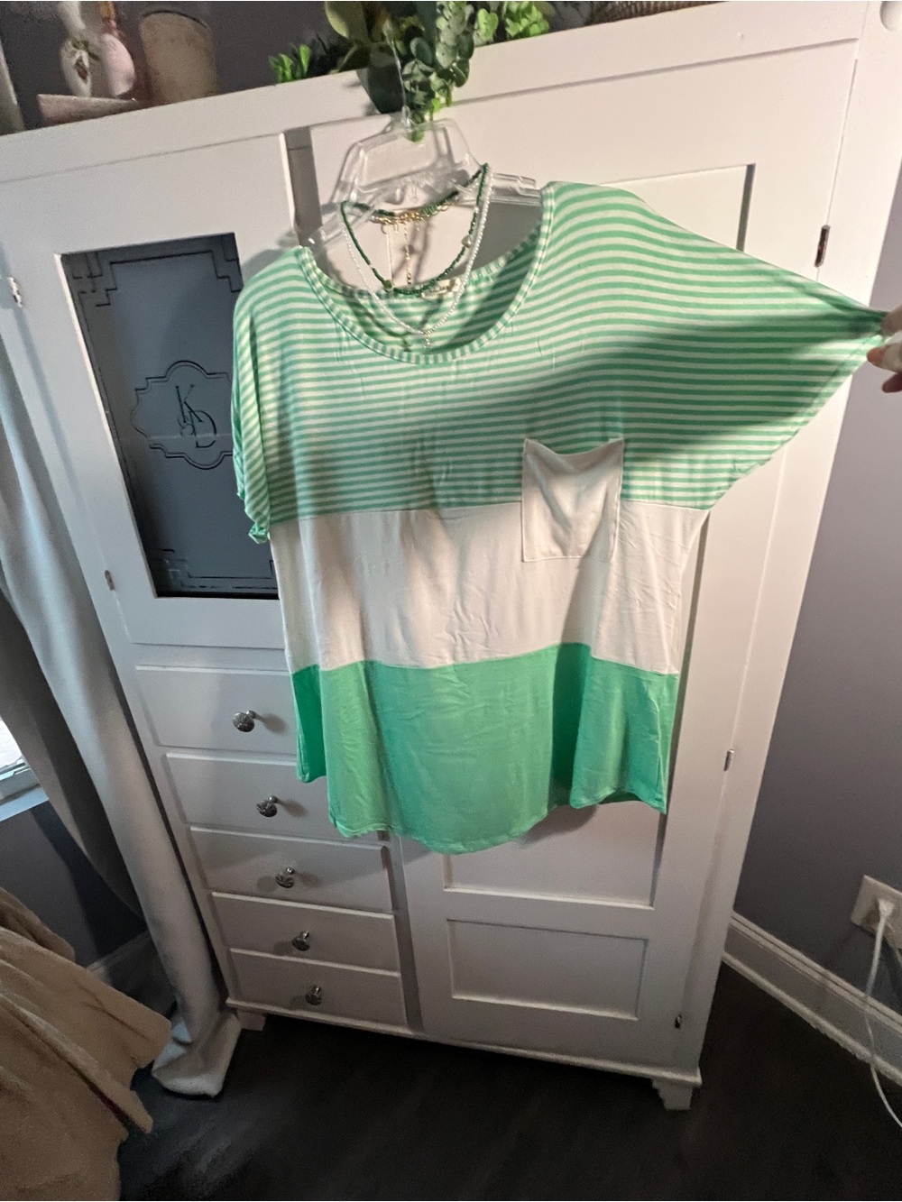 Luna- Striped Mint & White Colorblock Short Sleeve Pocket Tee